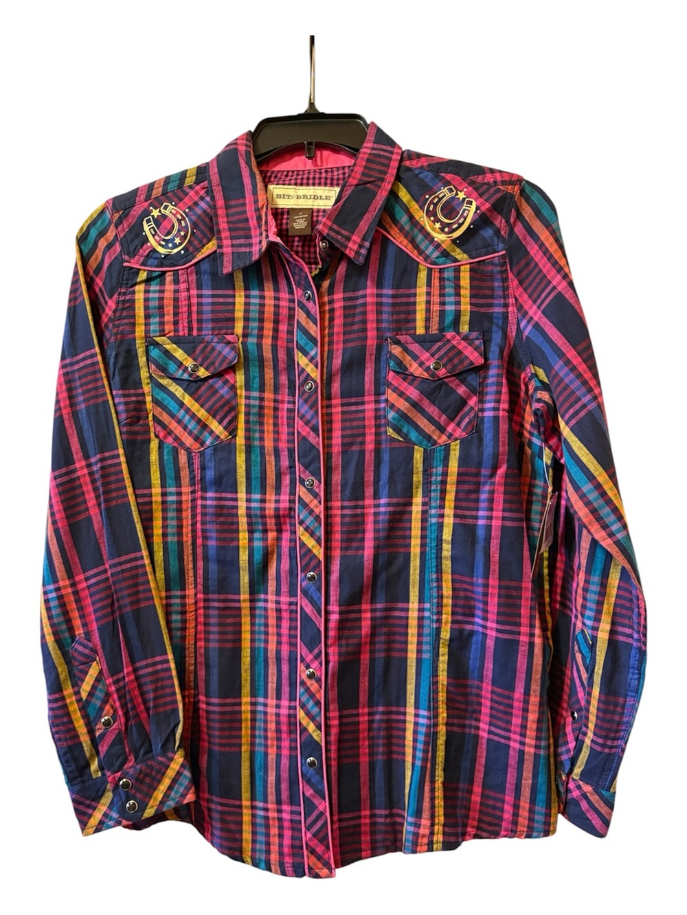 New Bits & Bridle Pink Plaid Western Shirt with Horseshoes
